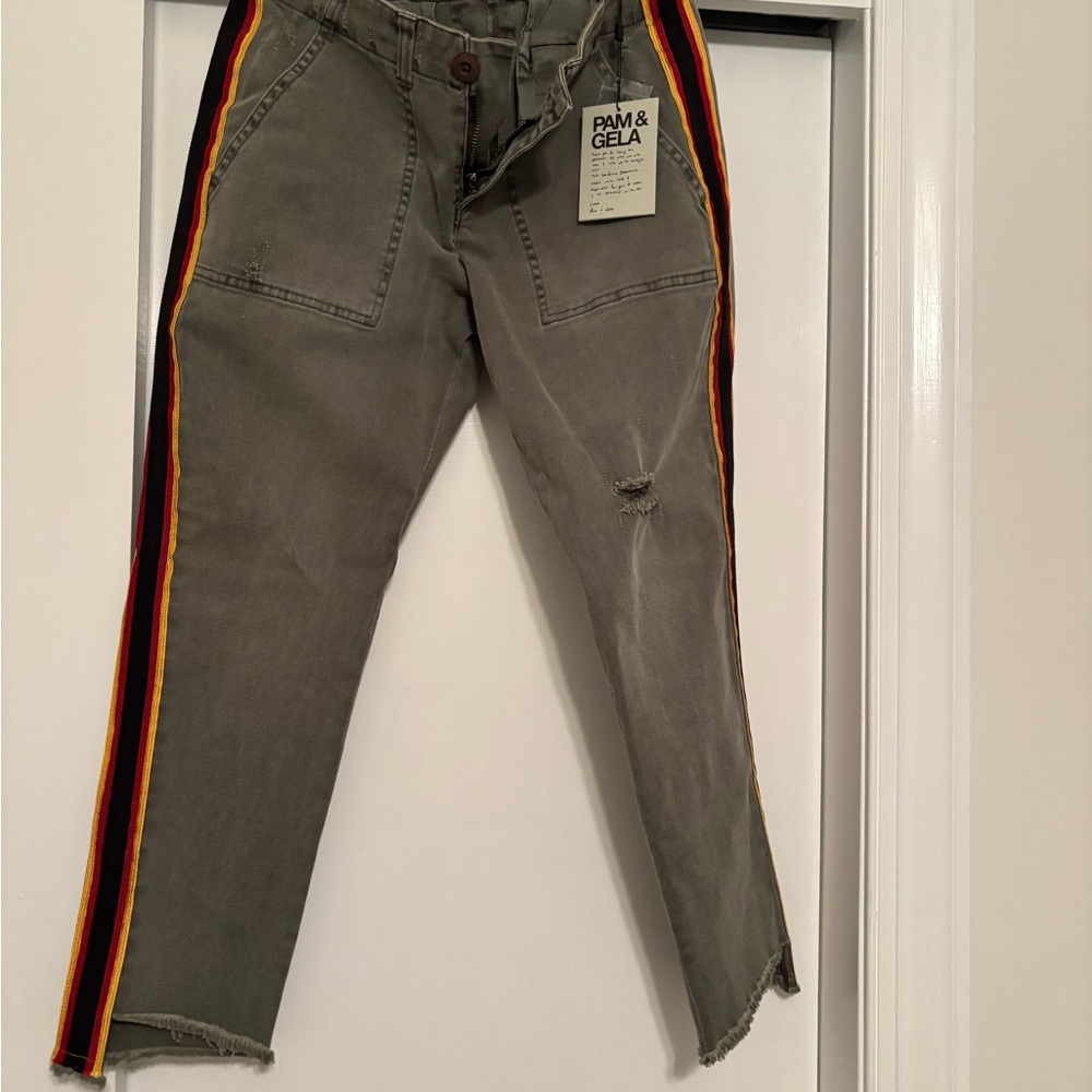 Pam & Gela Green Cropped Jeans with Bold Stripes